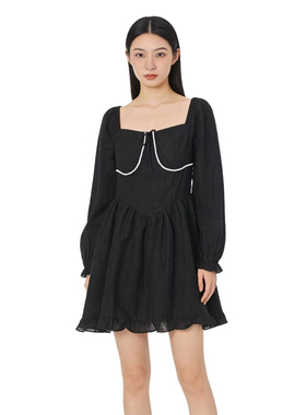 SP系列-方领泡泡袖黑色连衣裙简约百搭舒适P45/P360