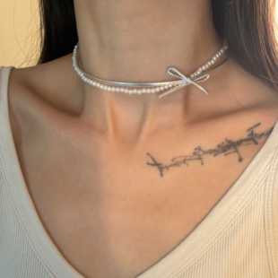 [楼哈哈]韩国气质甜美丝带蝴蝶结珍珠锁骨链银色choker项链ins风