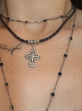[楼哈哈]暗黑十字架皮绳项链长款甜酷辣妹简约百搭choker颈链配饰