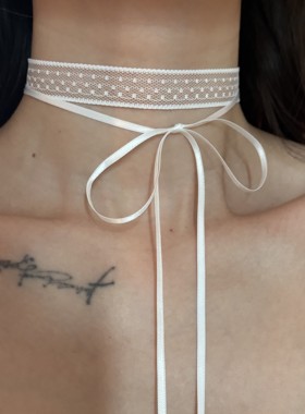 [楼哈哈]法式少女白色波点choker蕾丝颈带项链锁骨链细款脖子饰品