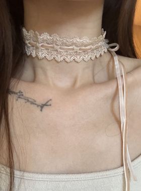 [楼哈哈]温柔纯欲蕾丝颈带法式浪漫长款绑带choker项链颈链氛围感