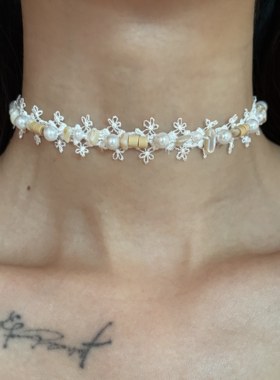 [楼哈哈]夏日海边氛围感贝壳钉珠手工蕾丝项圈choker颈带花朵饰品