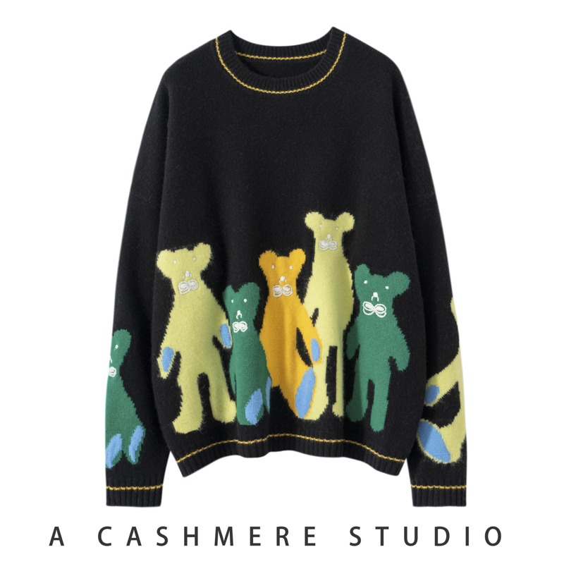 高端重工拼色提花山羊绒衫女圆领