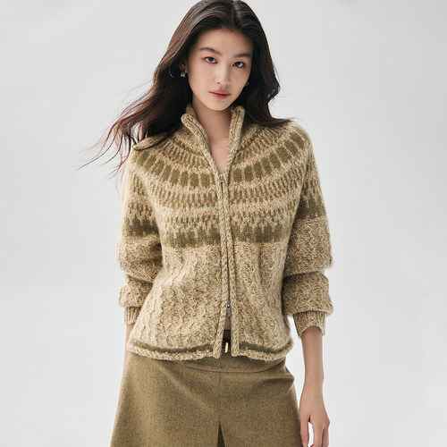 费尔岛山羊绒加厚提花拼色开衫女