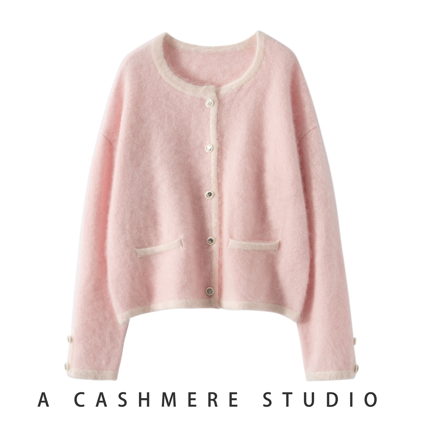 100%纯山羊绒衫女圆领小香风开衫