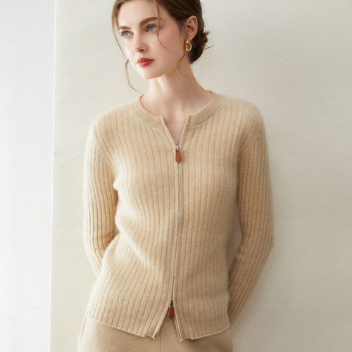 优雅100%纯山羊绒拉链立领女开衫