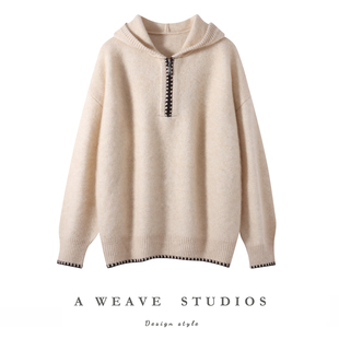 重磅秋冬连帽韩版山羊绒衫加厚粗针软糯宽松慵懒风毛衣针织帽衫女