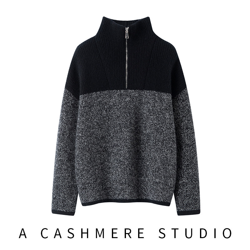 秋冬新款半拉链高领山羊绒衫女宽松慵懒风毛衣加厚针织衫拼色保暖