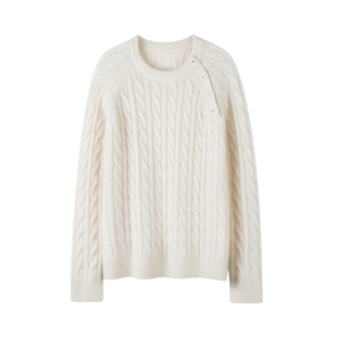 祖母风麻花纹针织衫女圆领套头毛衣纽扣装饰保暖厚款蚕丝羊绒衫女