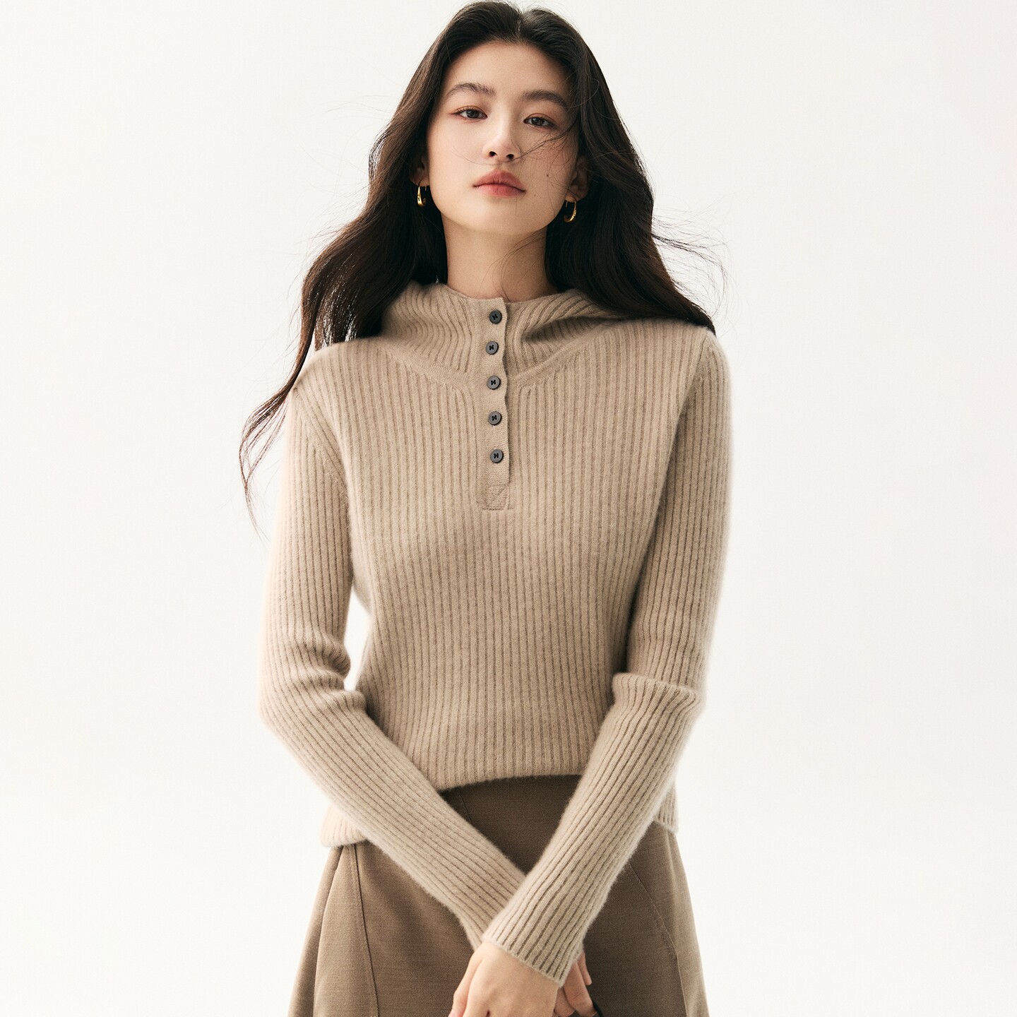 保暖加厚山羊绒女连帽套头毛衣