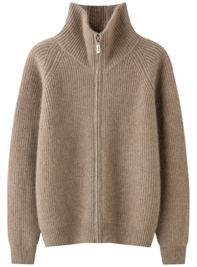 超厚实秋冬高领100%山羊绒开衫女双拉链保暖宽松简约针织毛衣外套