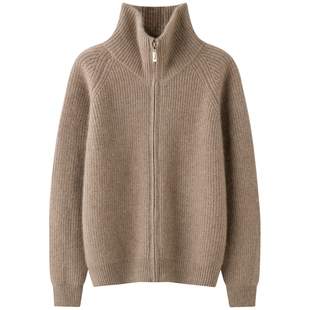 超好看秋冬高领山羊绒开衫女双拉链保暖宽松简约百搭针织毛衣外套