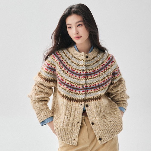 复古费尔岛提花山羊绒开衫女外套