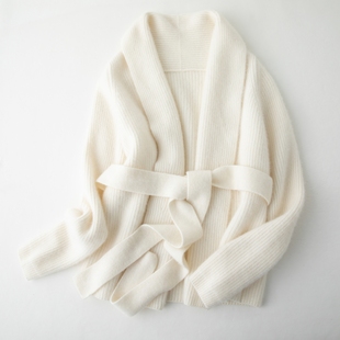 极简风浴袍腰带山羊绒开衫 女翻领慵懒宽松针织保暖休闲毛衣外套女