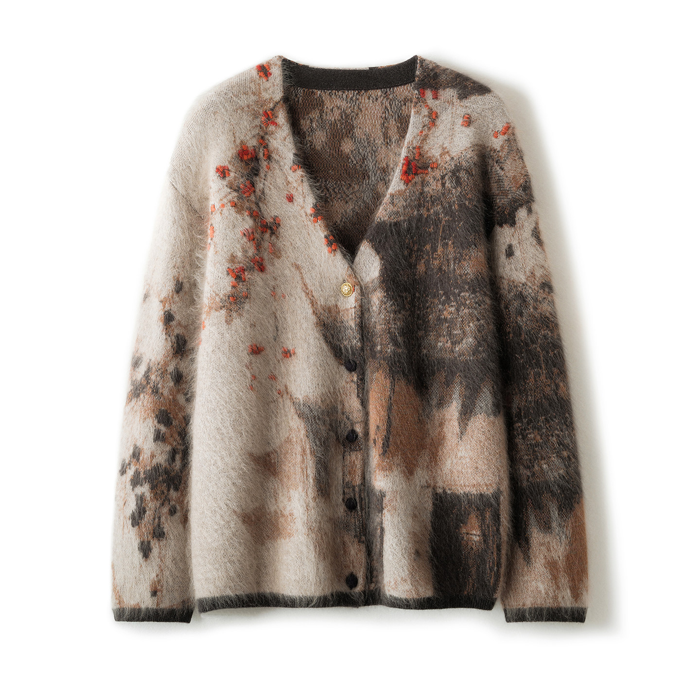 拉绒100%山羊绒V领开衫女长袖宽松百搭通勤抽象图案柔软上衣外套,女装/女士精品,羊绒衫,淘宝优惠券,粉丝福利购,淘宝优惠卷