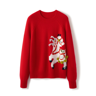 100%纯山羊绒衫女红色小马刺绣圆领套头毛衣可爱休闲风针织打底衫