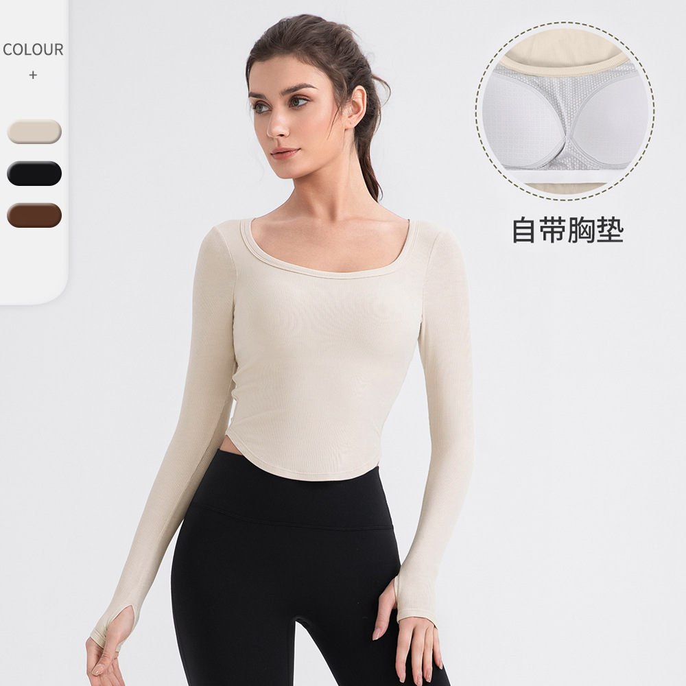 女士透气健身普拉提训练上衣修身运动T恤带胸垫套指长袖U领瑜伽服