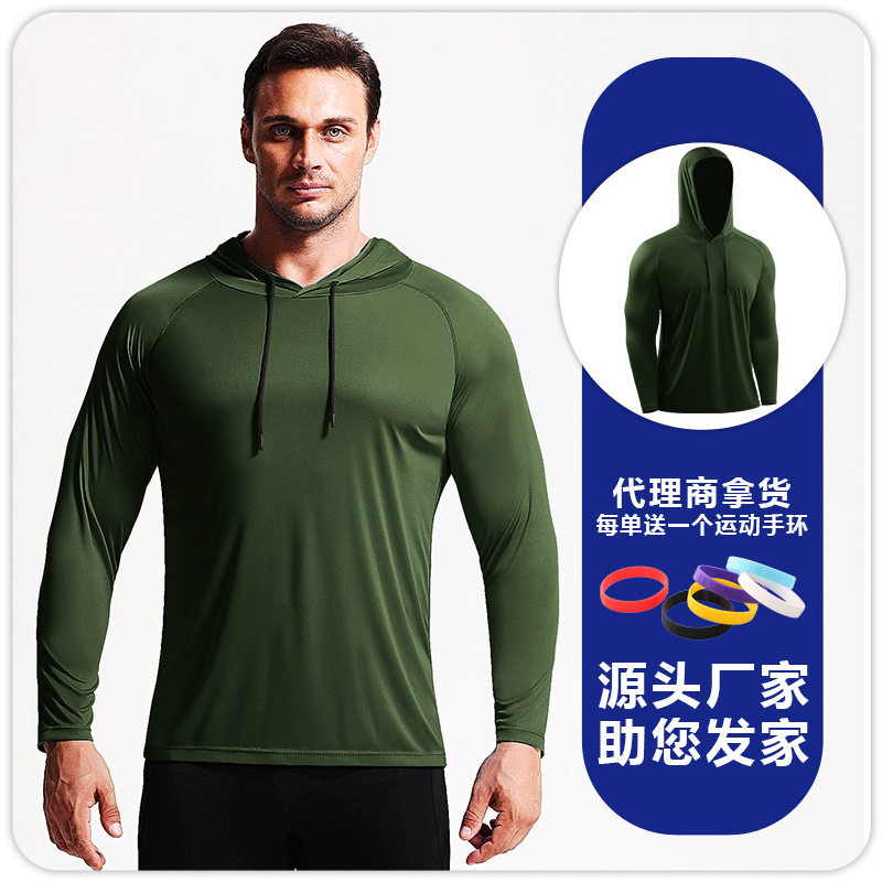 男士户外钓鱼防晒服马拉松跑步运动T恤衫加大码连帽长袖健身上衣