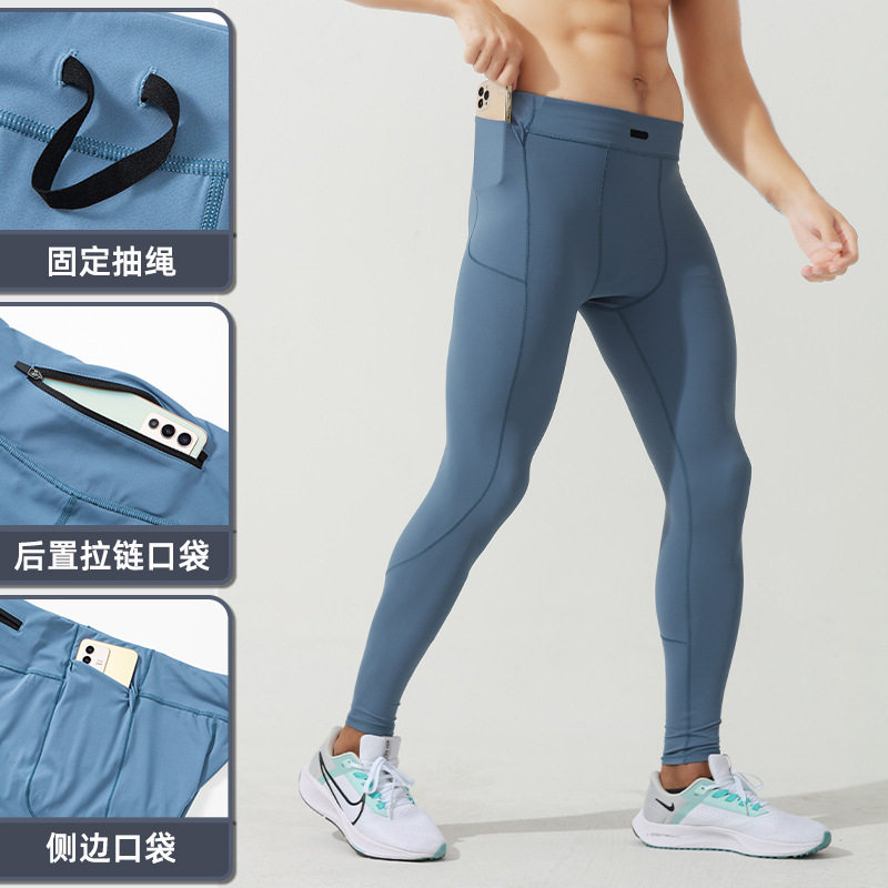 男士压缩运动裤加大码健身裤高弹力紧身跑步训练长裤后腰拉链口袋