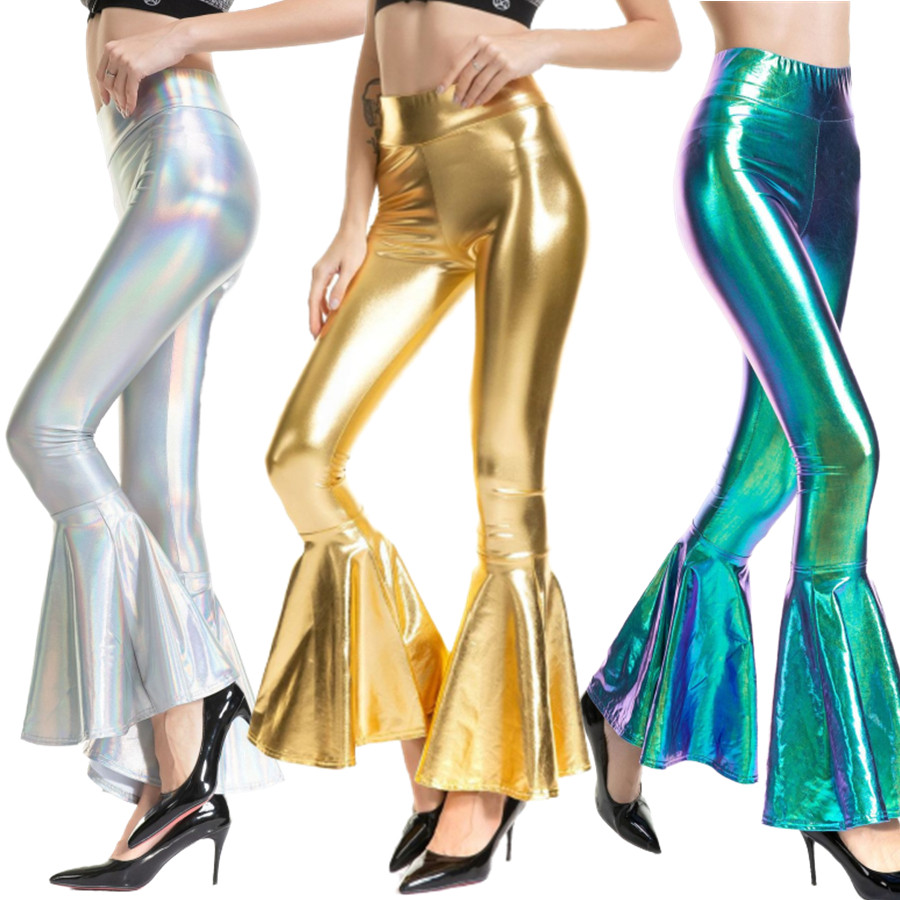 女士亮面漆皮渐变色喇叭裤金色仿皮高腰长裤松紧腰性感紧身休闲裤