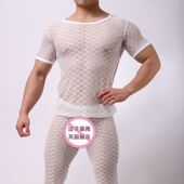 T血 透气紧身上衣夜店透视短袖 男士 性感菱形格子网纱透明内衣薄款