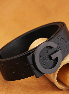 皮带男士真皮青年 头层牛皮G扣平滑扣铜扣黑色压花复古腰带