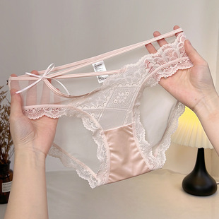 法式绸缎细带镂空内裤女生蝴蝶结提花网纱蕾丝透气舒适纯欲三角裤