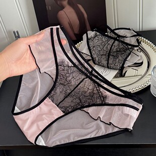 法式浪漫纯欲蕾丝少女内裤网纱镂空高开叉性感透气女三角裤纯棉裆