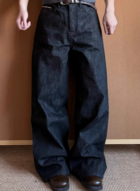 黑色赤耳窄幅直筒微喇阔腿A字牛仔裤原牛裤中腰拉链长裤cleanfit