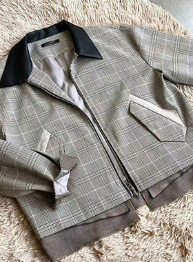 复古拼接翻领千鸟格芸蚁错落拼接千鸟格纹短款皮翻领廓形夹克外套