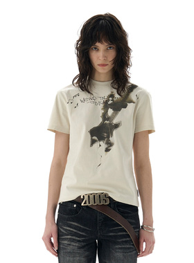 复古吉他印花短袖T恤夏季新款宽松百搭上衣火石乐队ins半袖男女