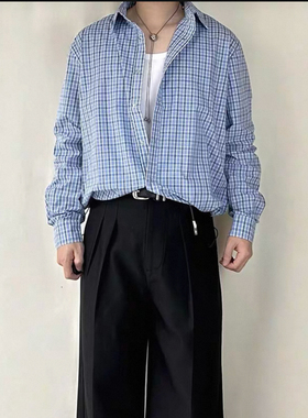 皇家蓝色格纹下摆抽绳长袖衬衫miu系手工收褶立体短宽衬衣外套