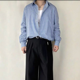 皇家蓝色格纹下摆抽绳长袖 miu系手工收褶立体短宽衬衣外套 衬衫
