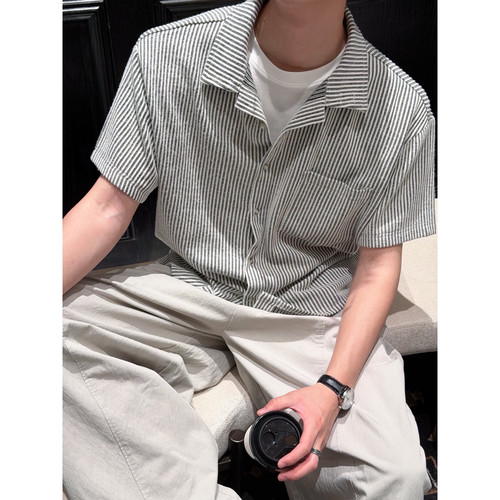 条纹古巴领短袖肌理感小众夏日
