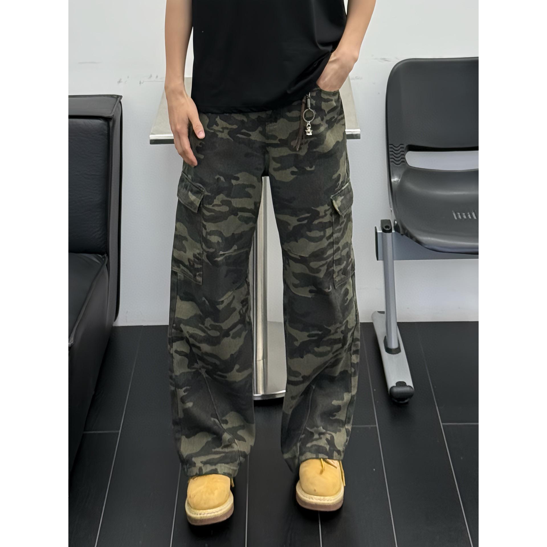 深迷彩口袋工装裤直筒显瘦长裤