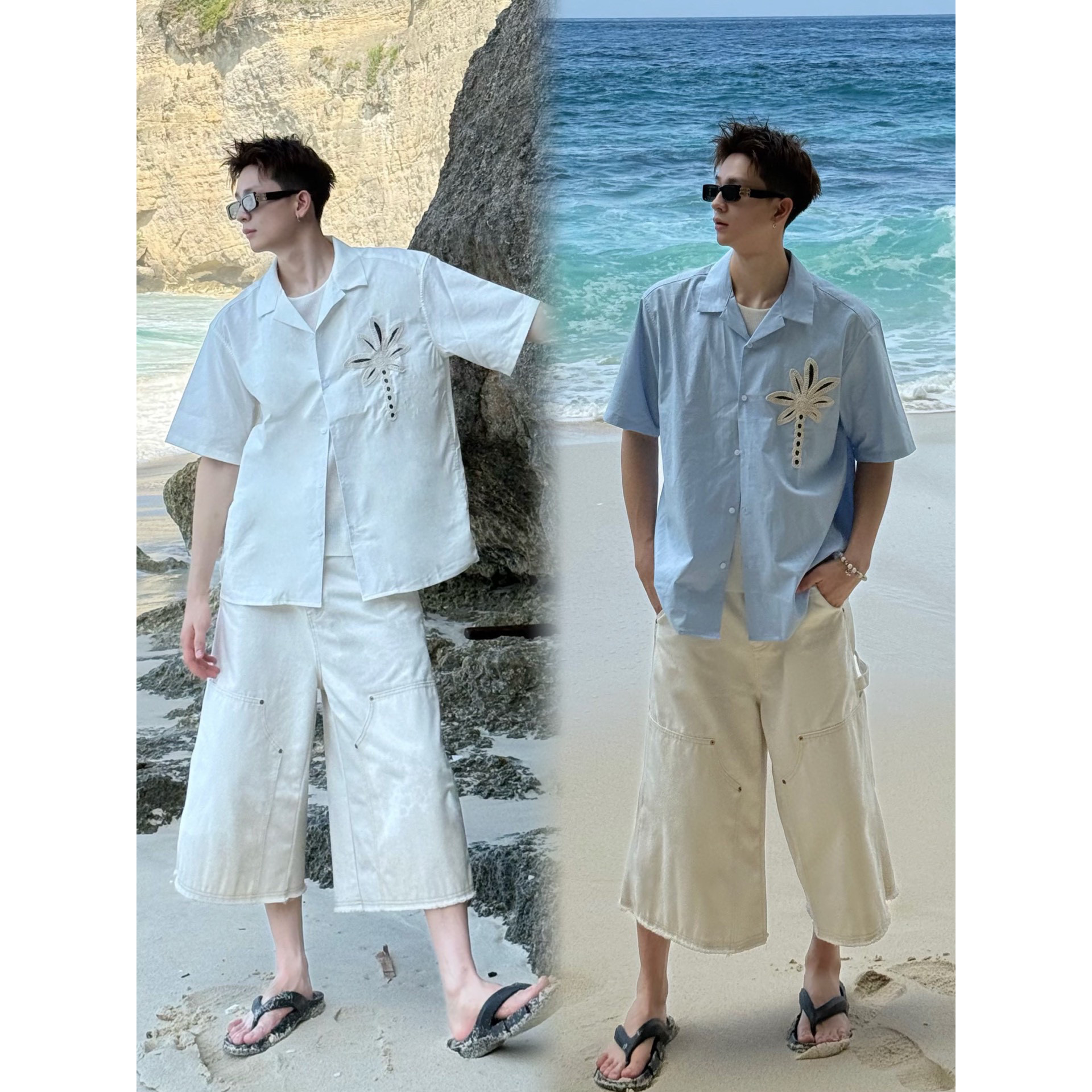 AYUN Studio 孙聖云夏日椰树贴布衬衫清新ins短袖情侣衬衣外套潮,男装,衬衫,淘宝优惠券,粉丝福利购,淘宝优惠卷