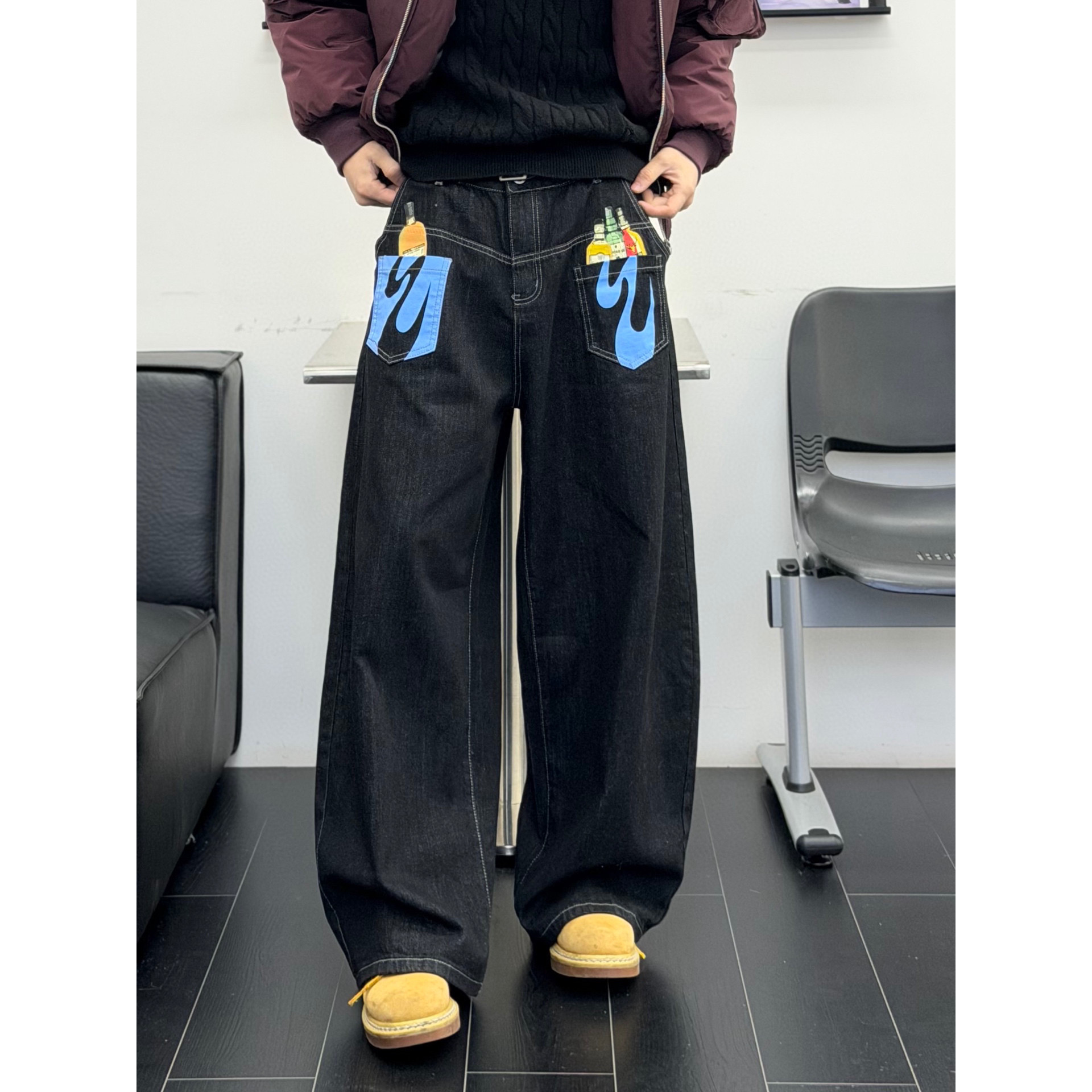 AYUN Studio 孙聖云口袋涂鸦牛仔裤宽松阔腿弯刀水洗小众美式痞帅,男装,牛仔裤,淘宝优惠券,粉丝福利购,淘宝优惠卷