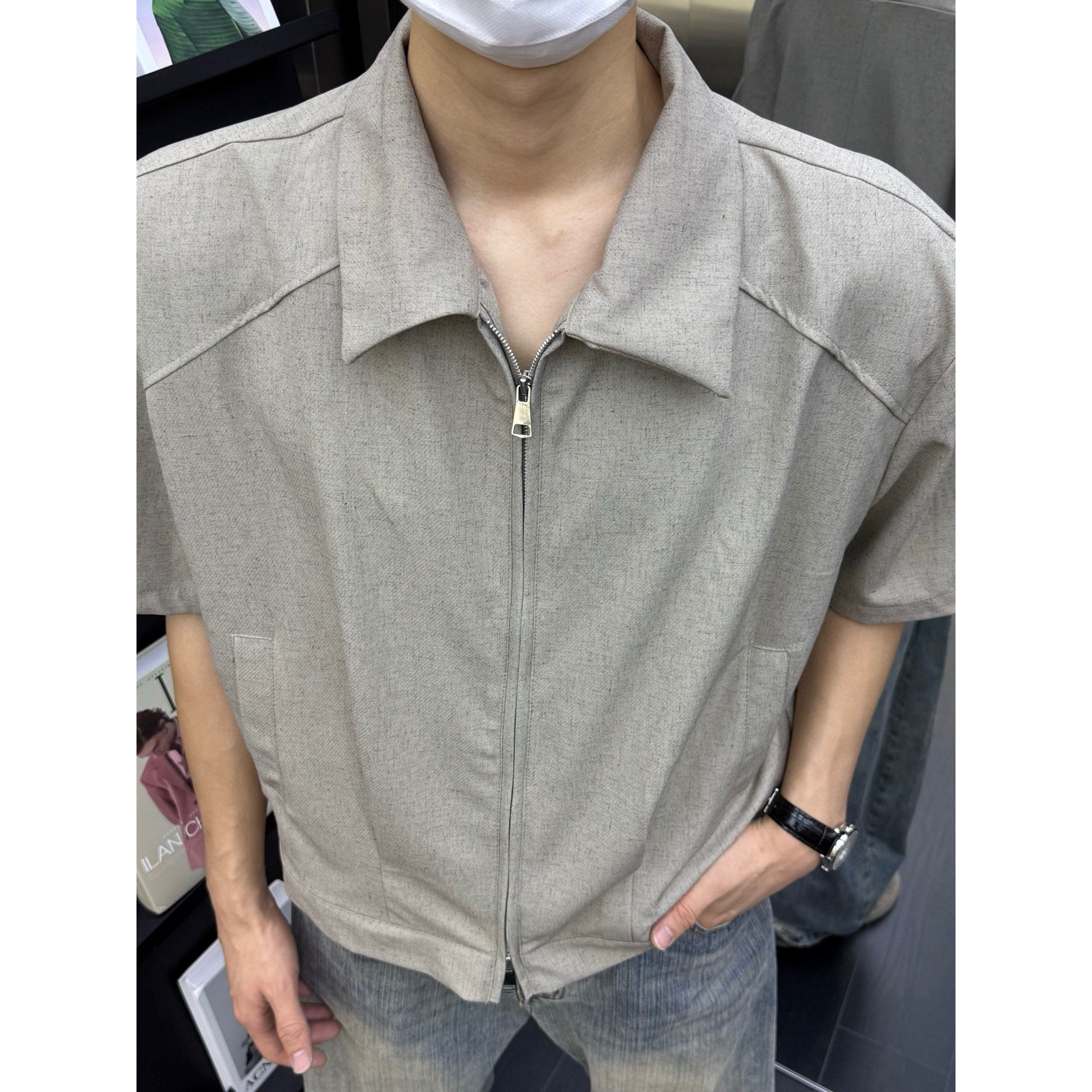 AYUN Studio 孙聖云麻点短款垫肩短袖小众拉链设计夏日廓形休闲潮