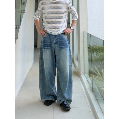 ins闪电抓痕牛仔裤宽松阔腿经典
