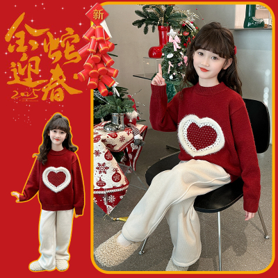 女童毛衣2025新款半高领冬季加厚洋气漂亮红色冬款高级感打底内搭