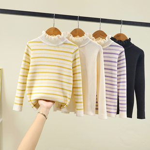 女童毛衣2025新款秋冬高级感木耳边薄款条纹针织打底儿童内搭