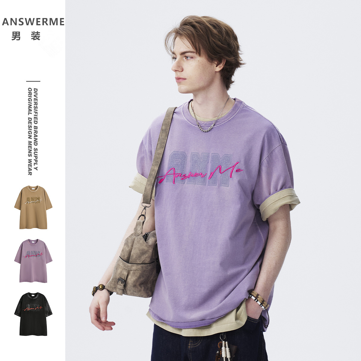 ANSWERME男装 美式潮牌重工刺绣半袖t恤男女圆领宽松纯棉半袖短袖