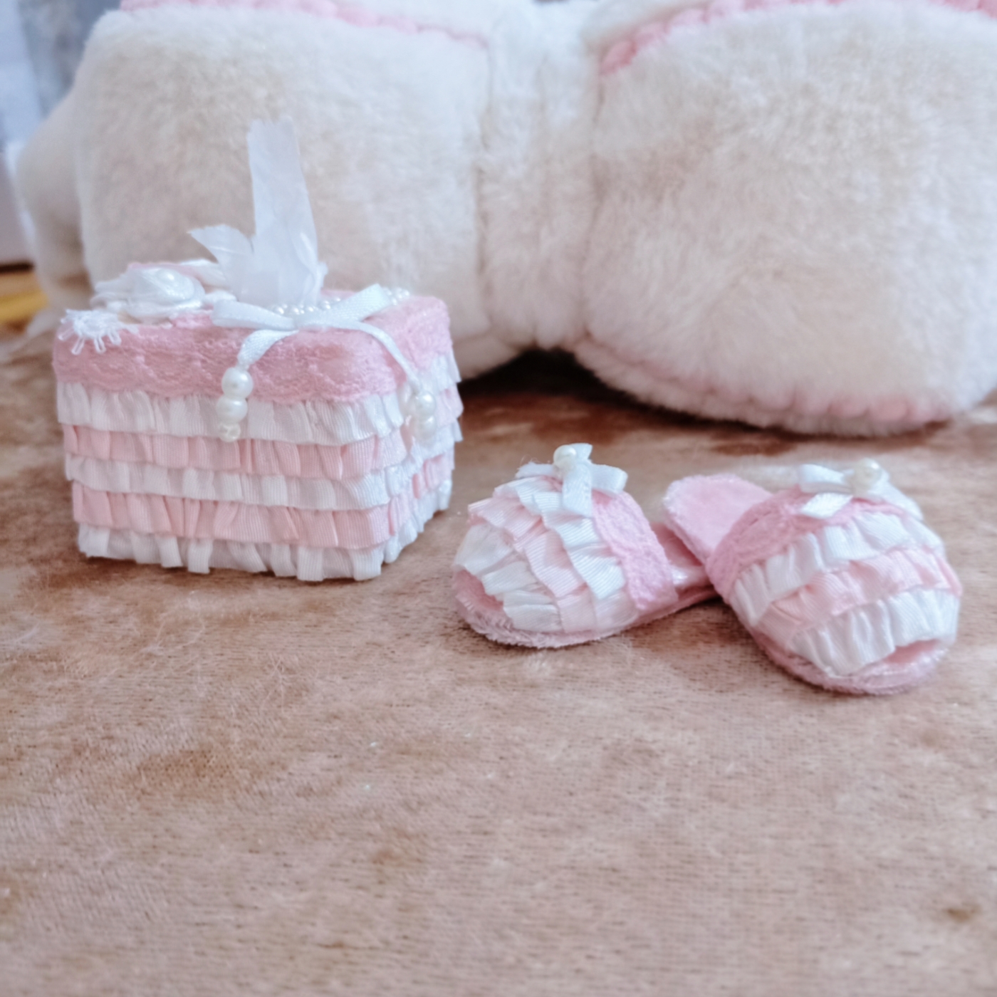 bjd拖鞋六分娃鞋 粉白花边平底鞋子 娃用配件 拍照道具