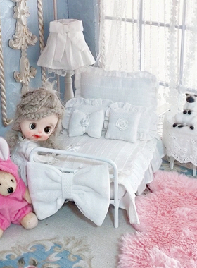 ob11床品高级定制白色复古娃屋家具微缩 物场景人偶bjd12分铁艺床
