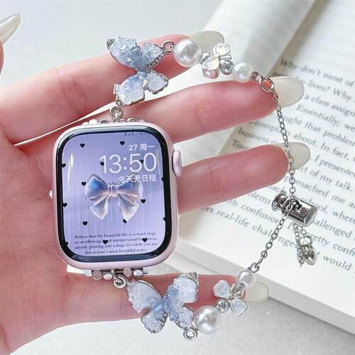 适用苹果s11表带Applewatchs10高级珍珠蝴蝶手链iwatch987表带SE3
