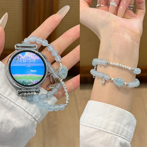 适用苹果iwatchS11手表表带华为GT6pro女海蓝宝小米10pro串珠fit5