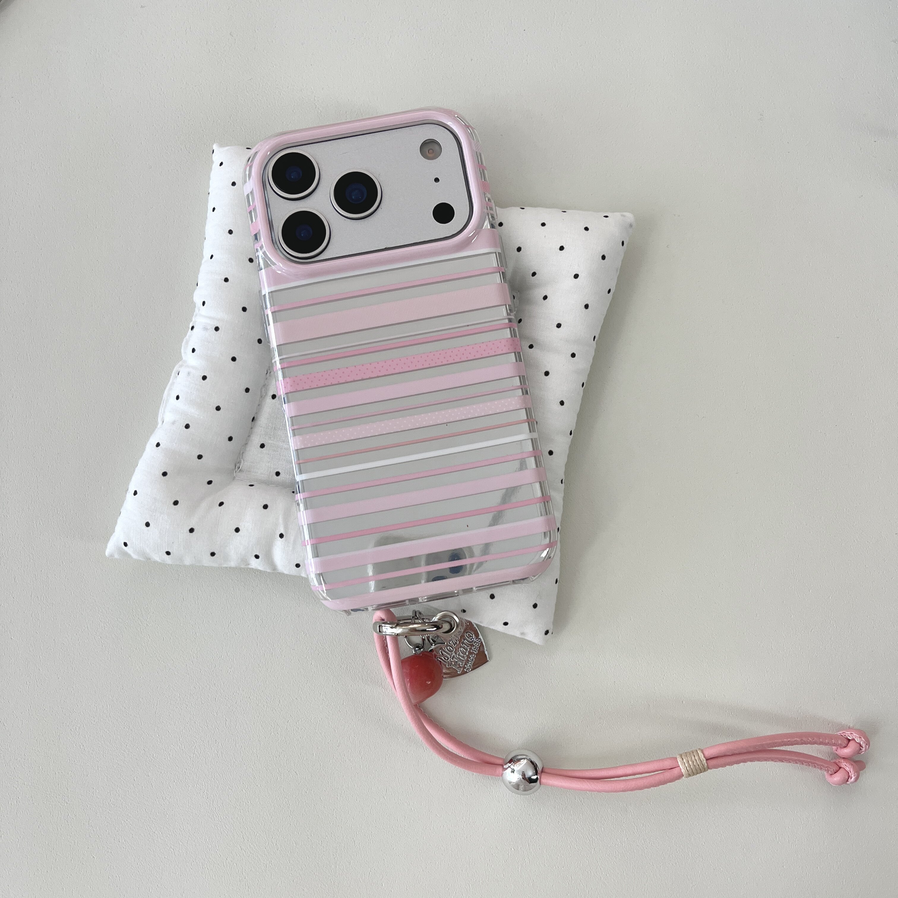 ins风条纹手机壳iPhone15/16/17粉色15pro镜子适用于苹果16pro透明保护套16promax带挂绳17promax