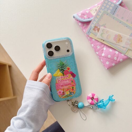 iPhone16/17闪粉菠萝适用于苹果Phone16promax手机壳15promax可爱卡通印花15pro保护套带挂件17promax