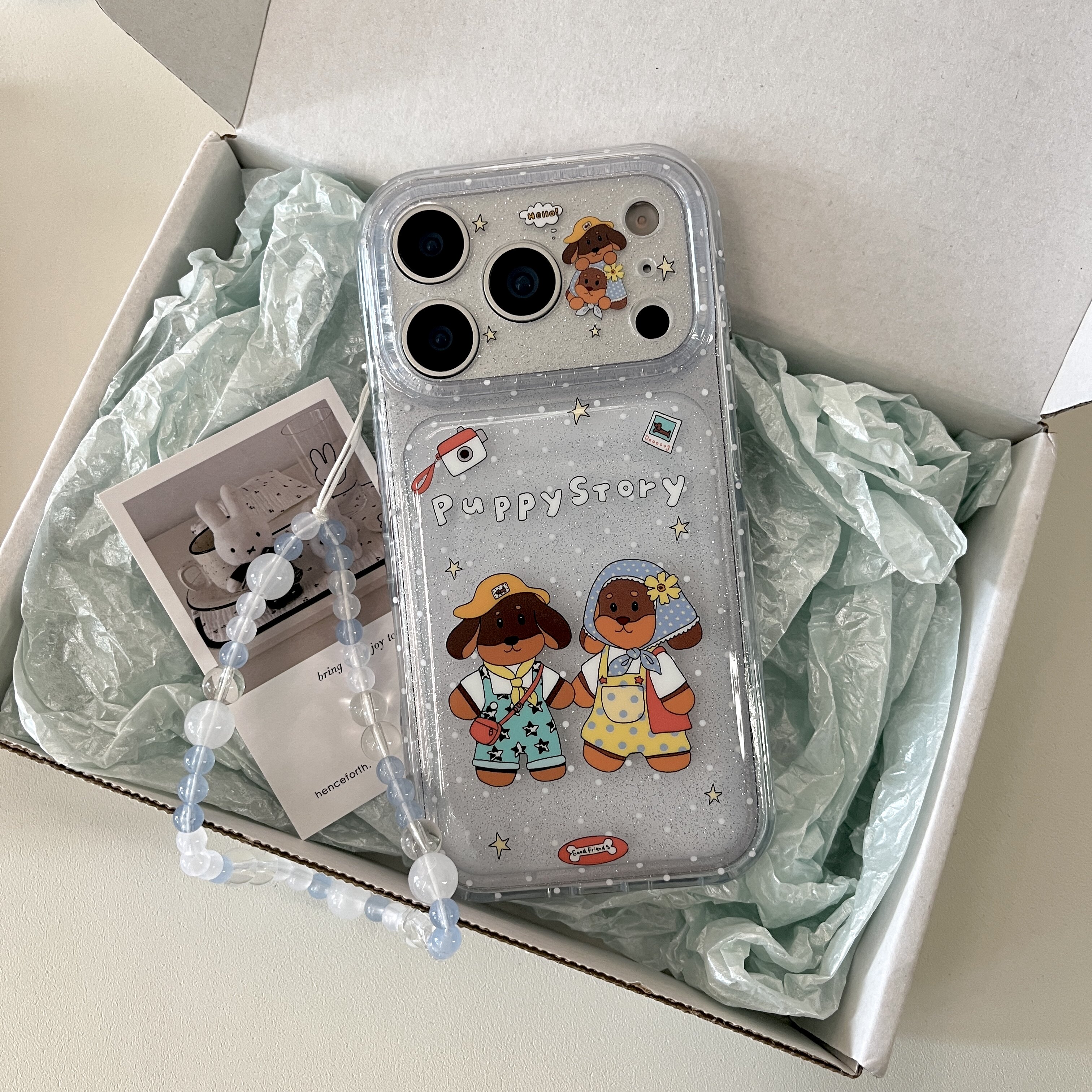 可爱卡通15pro闪粉腊肠狗iPhone17pro手机壳苹果16/17pro透明软胶全包16promax保护套珠链挂饰蓝色15/16/17