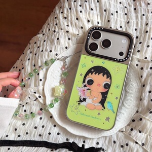鸟儿拿百合花小玉苹果iPhone17promax手机壳ins风16pro/17pro卡通可爱绿色保护套鎏金电镀边玻璃壳15/16/17